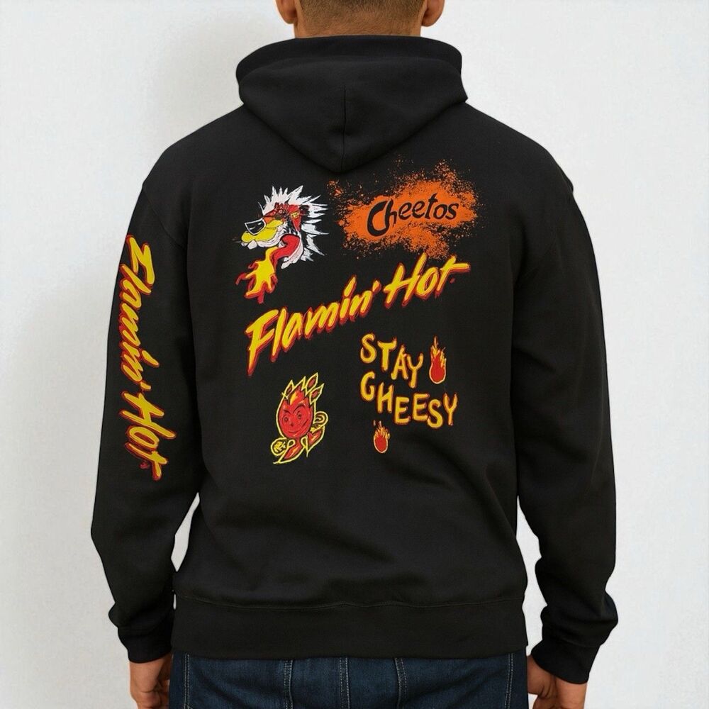Cheetos Flamin Hot Hoodie Mens M‎ Black Graphic Streetwear Pullover Sweatshirt